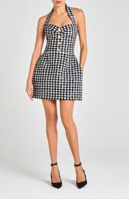 NADINE MERABI Metallic Tweed Halter Neck Cocktail Minidress