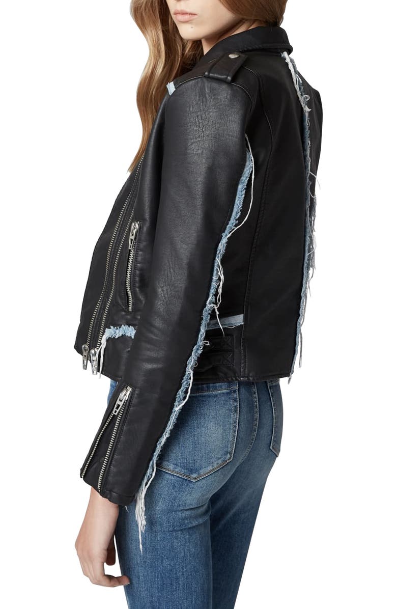 BLANKNYC Thrasher Denim Trim Faux Leather Moto Jacket, Alternate, color, 
