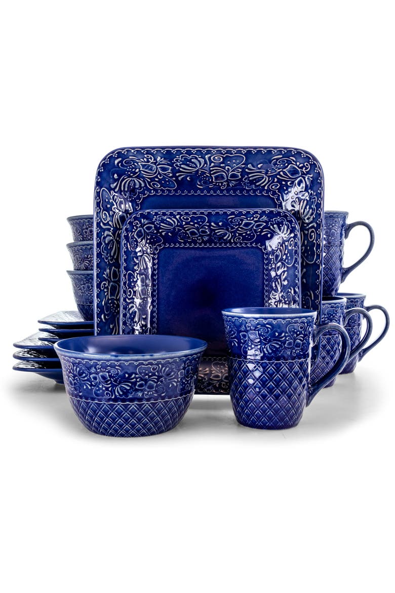 Indigo Lotus 16 Piece Square Dinnerware Set, Alternate, color, Blue