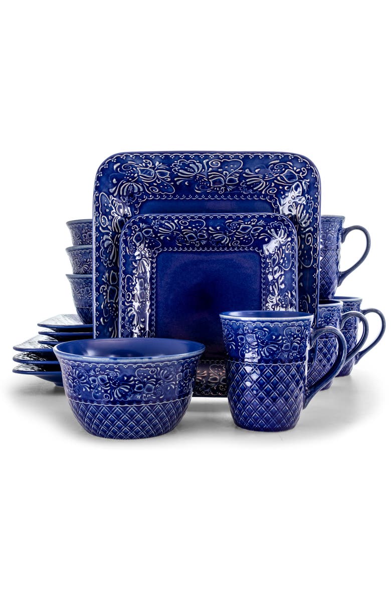 Elama Indigo Lotus 16 Piece Square Dinnerware Set, Alternate, color, Blue