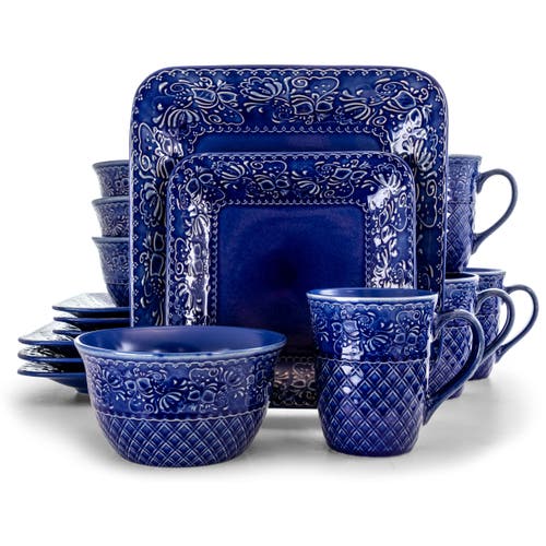 Elama Indigo Lotus 16 Piece Square Dinnerware Set In Blue