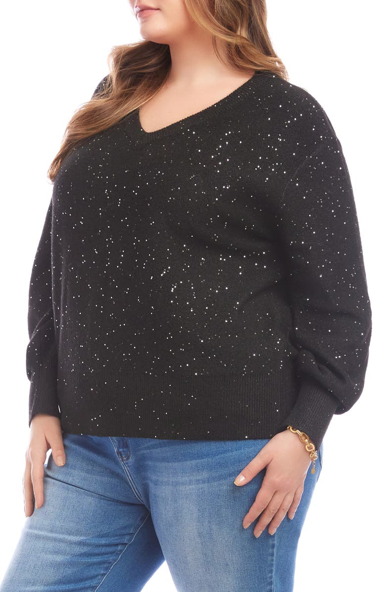 Karen Kane Sequin V-Neck Sweater, Alternate, color, Black