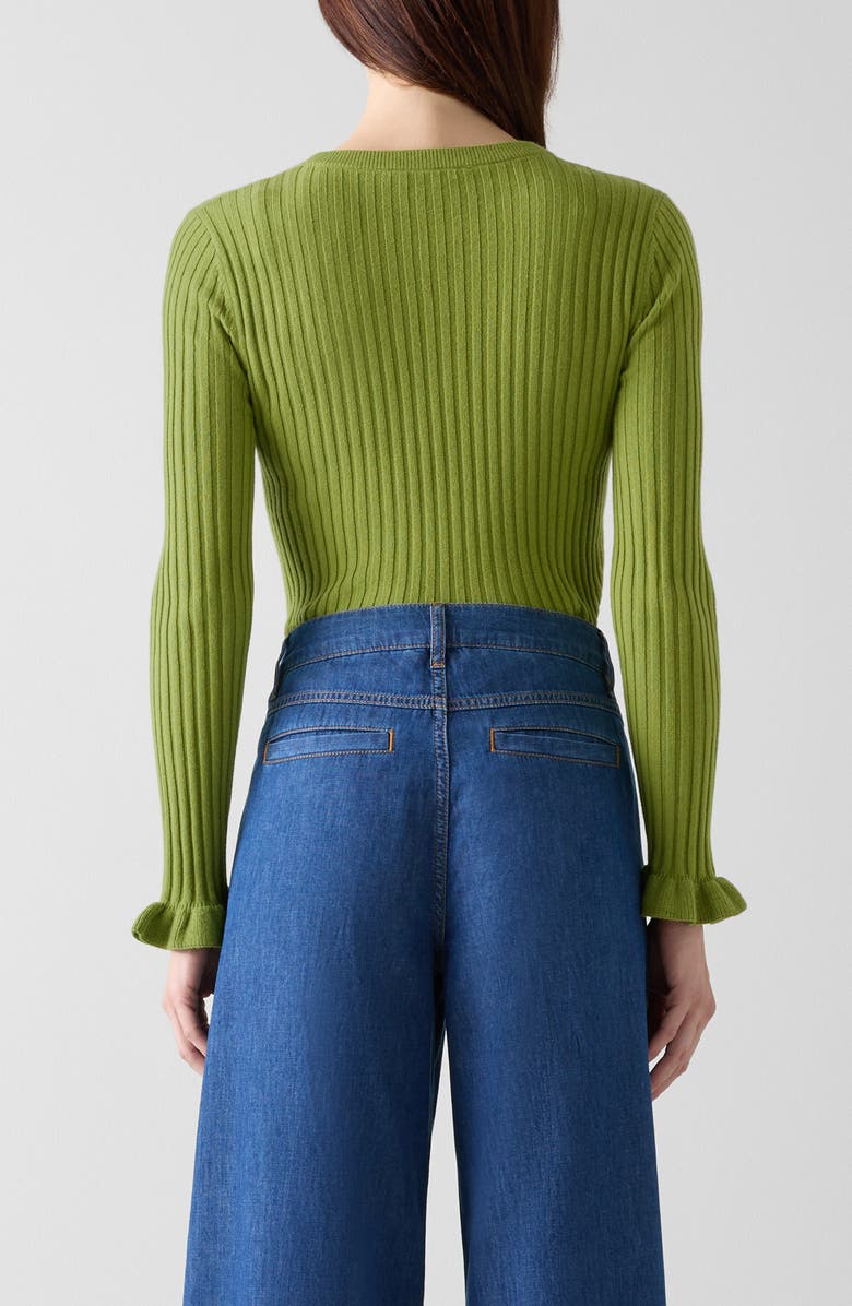 LK Bennett Yara Ruffle Cuff Rib Crewneck Sweater, Alternate, color, Green