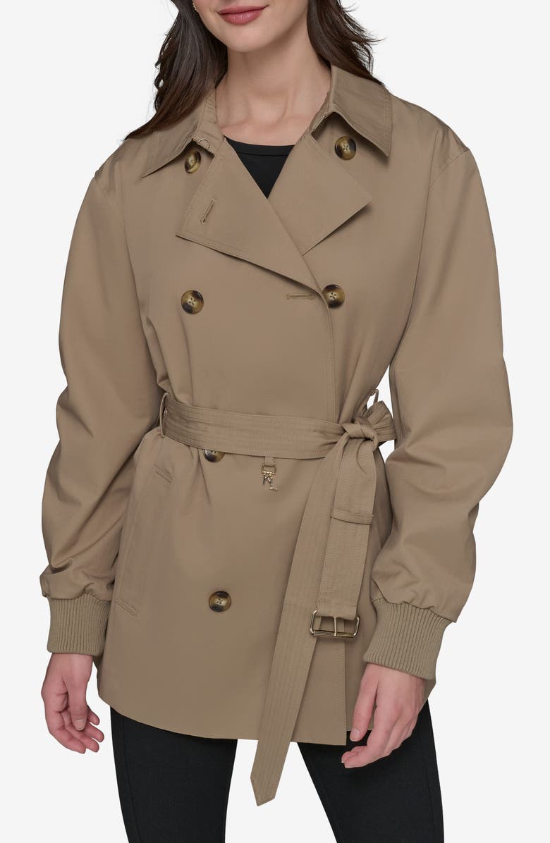 KARL LAGERFELD PARIS Water Resistant Cotton Blend Short Trench Coat, Main, color, Khaki