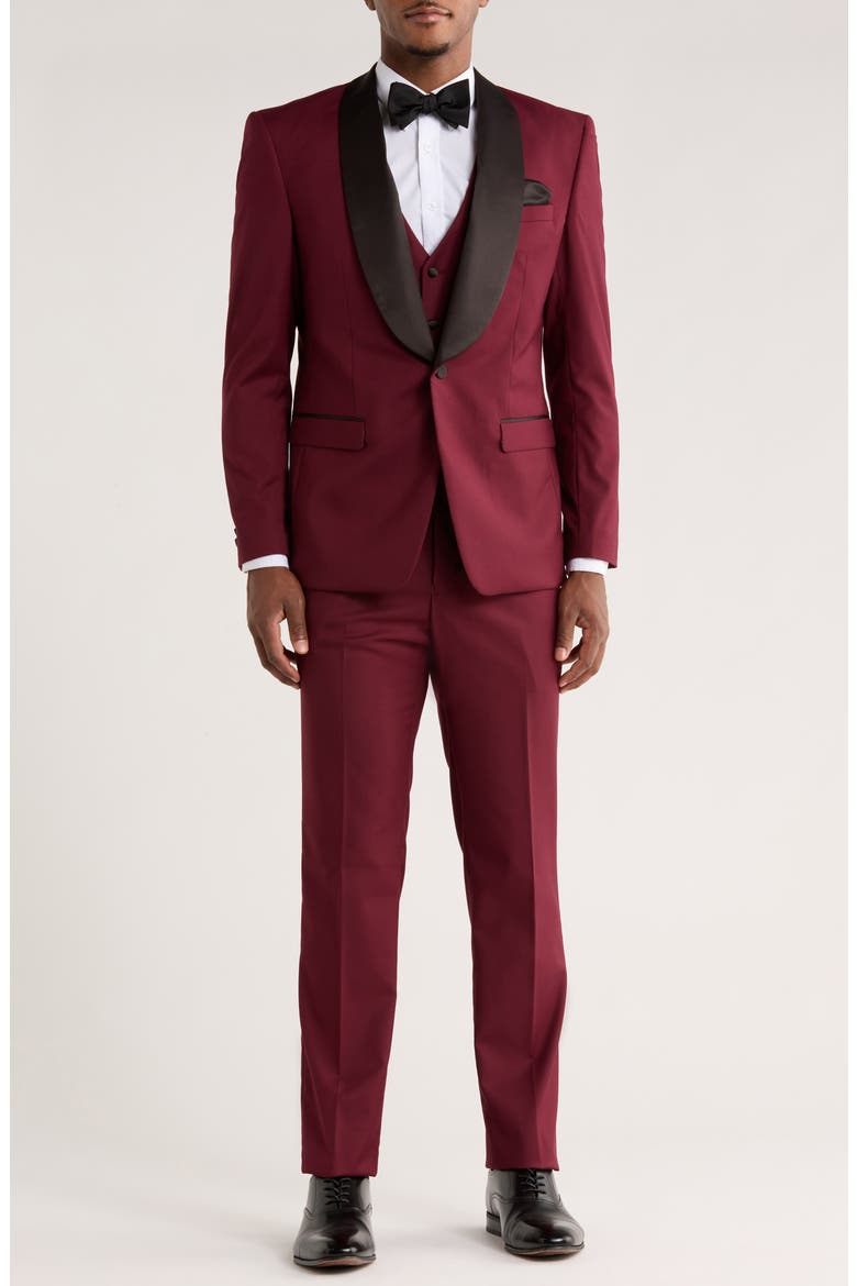 Burgundy Shawl Collar 3-Piece Tuxedo, Main, color, BURGUNDY
