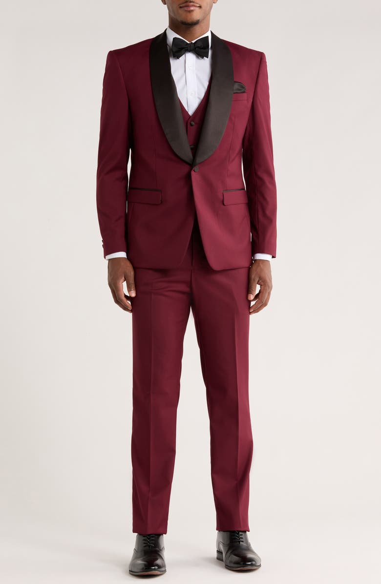 ZEGARIE Burgundy Shawl Collar 3-Piece Tuxedo, Main, color, Burgundy