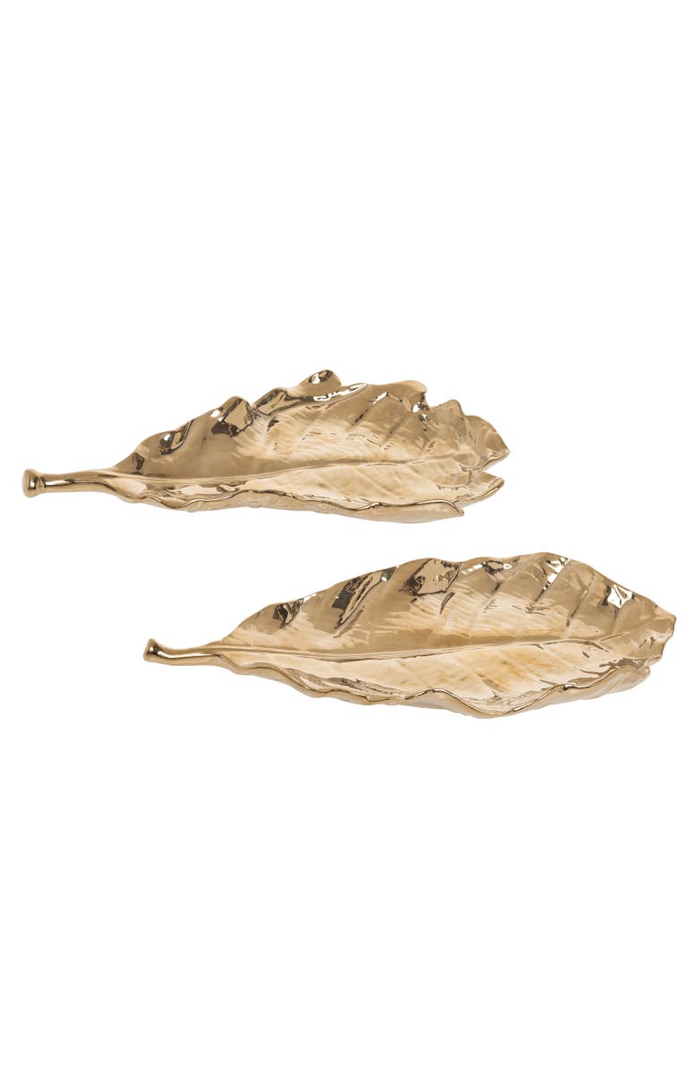 Transpac Fall Harvest Gold Ceramic Decorative Leaf Plates, Main, color, Metallic Gold