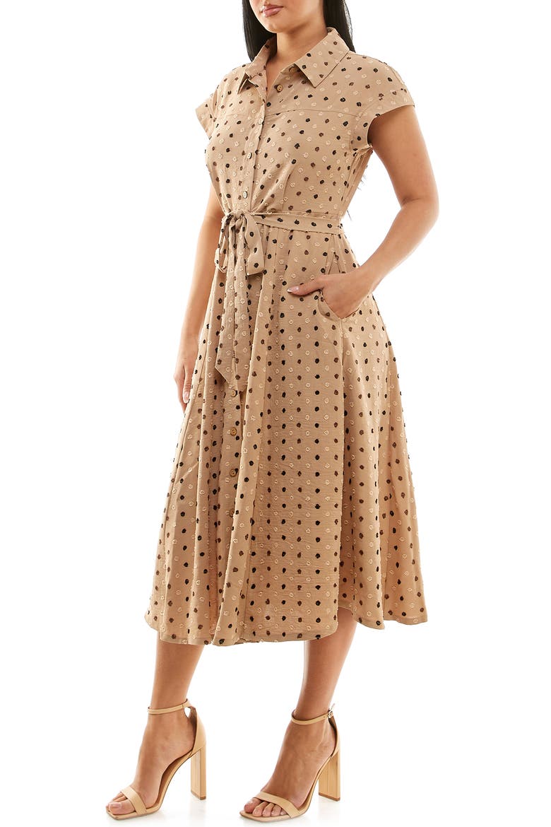 Swiss Dot Cap Sleeve Midi Shirtdress, Alternate, color, CAMEL MULTI