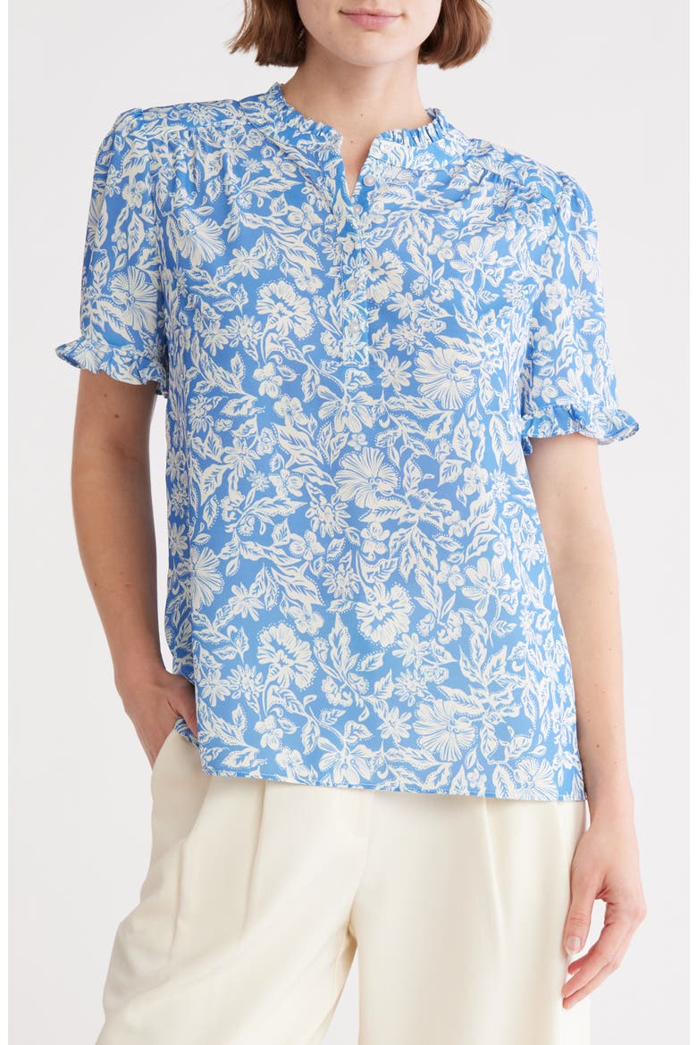 Short Sleeve Ruffle Top, Main, color, DUSTY BLUE/ OFF WHITE