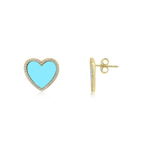 Large Turquoise CZ Halo Heart Stud Earrings