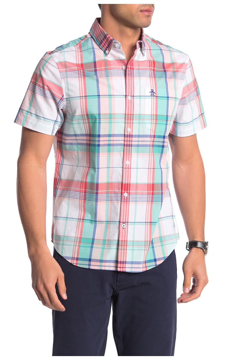 Original Penguin Short Sleeve Plaid Print Trim Fit Shirt, Main, color, 