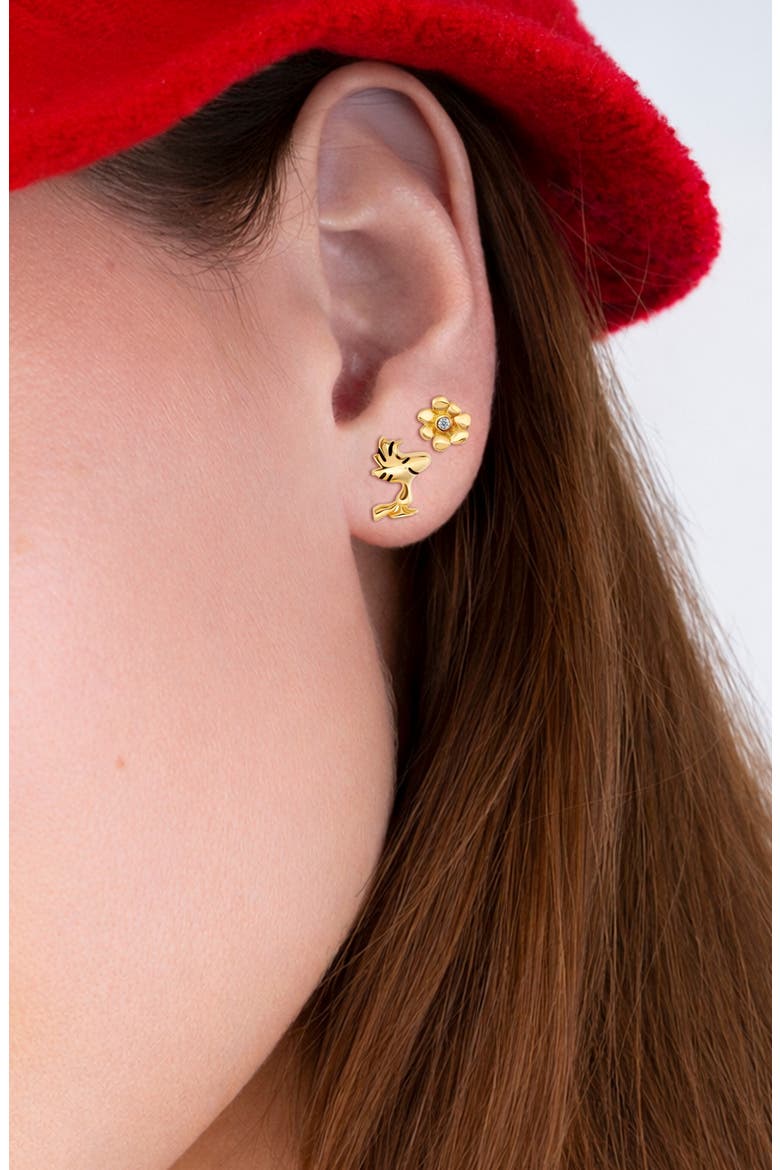 x Peanuts® Woodstock & Flower Mismatched Stud Earrings, Alternate, color, 18KT YELLOW GOLD / CLEAR STONE