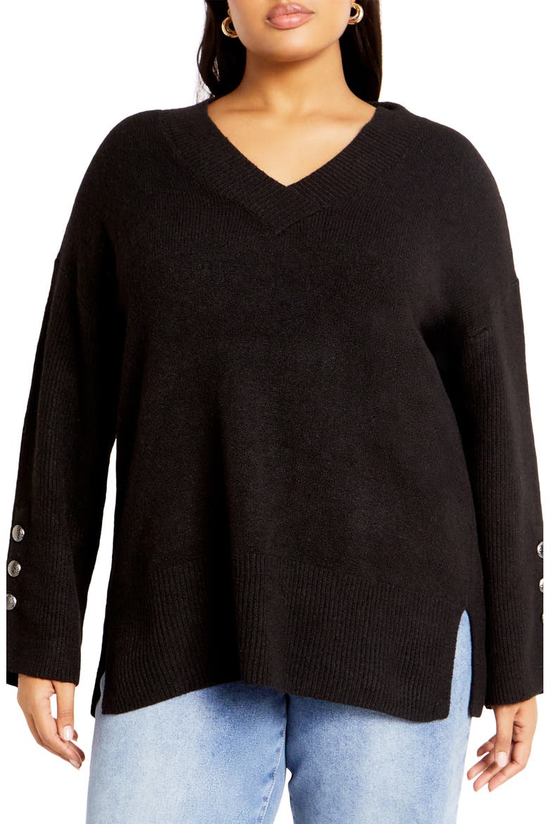 Dorothy Button Cuff Sweater, Main, color, BLACK