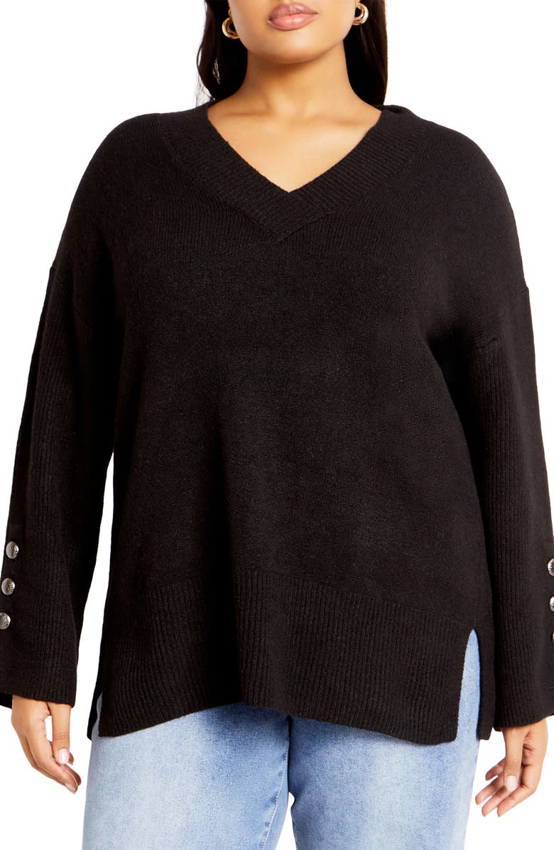 City Chic Dorothy Button Cuff Sweater, Main, color, Black