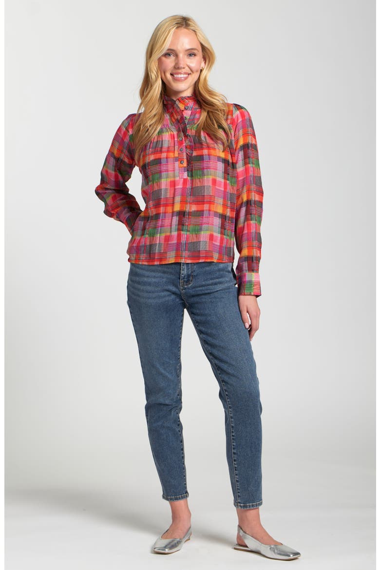 Ruffle Half-Placket Shirt, Alternate, color, PINK-PLAID MULTI