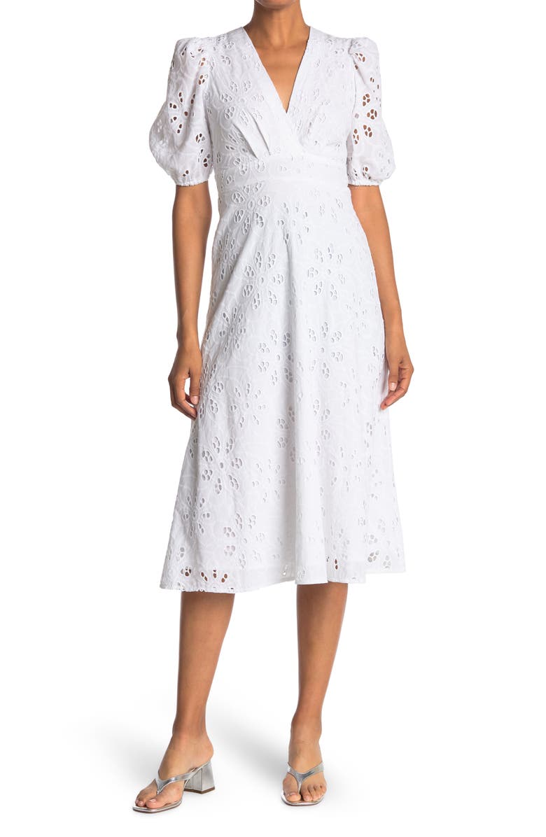 Maggy London Twist Front V-Neck Eyelet Midi Dress, Main, color,