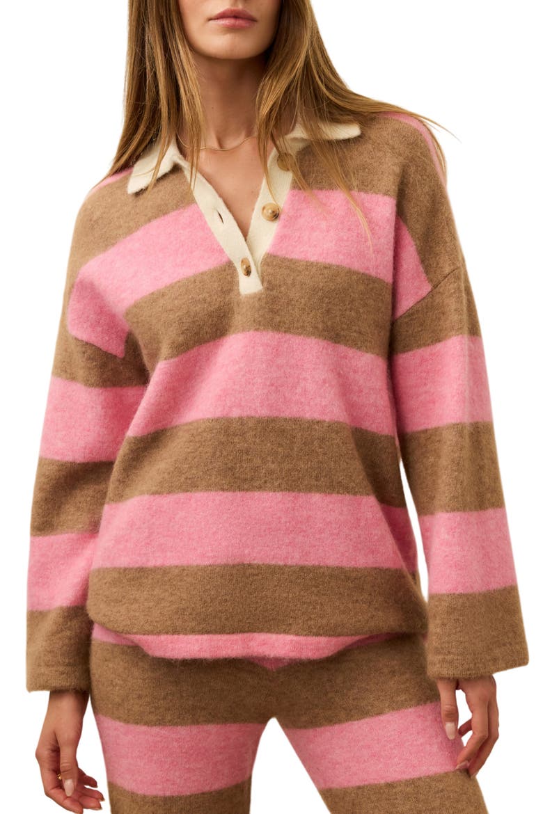 Apres Stripe Long Sleeve Sweater Polo, Main, color, PINK SPRITZ