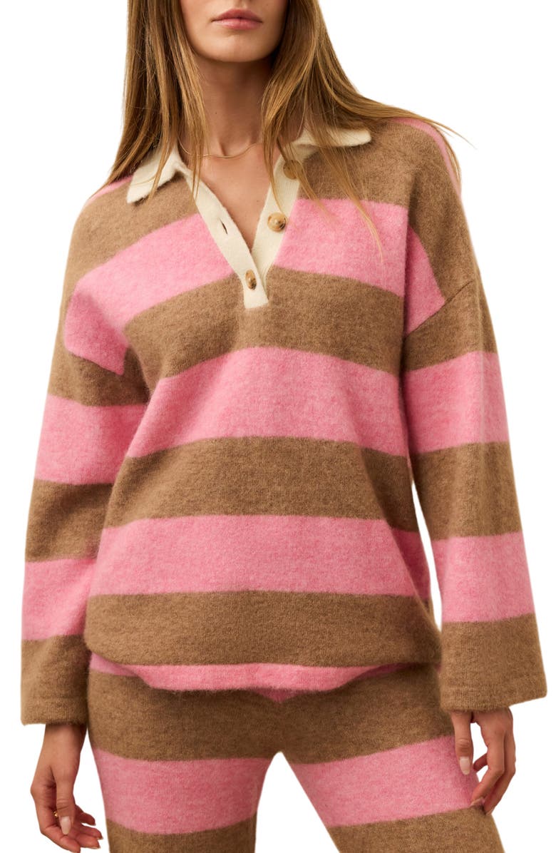 Faherty Apres Stripe Long Sleeve Sweater Polo, Main, color, Pink Spritz