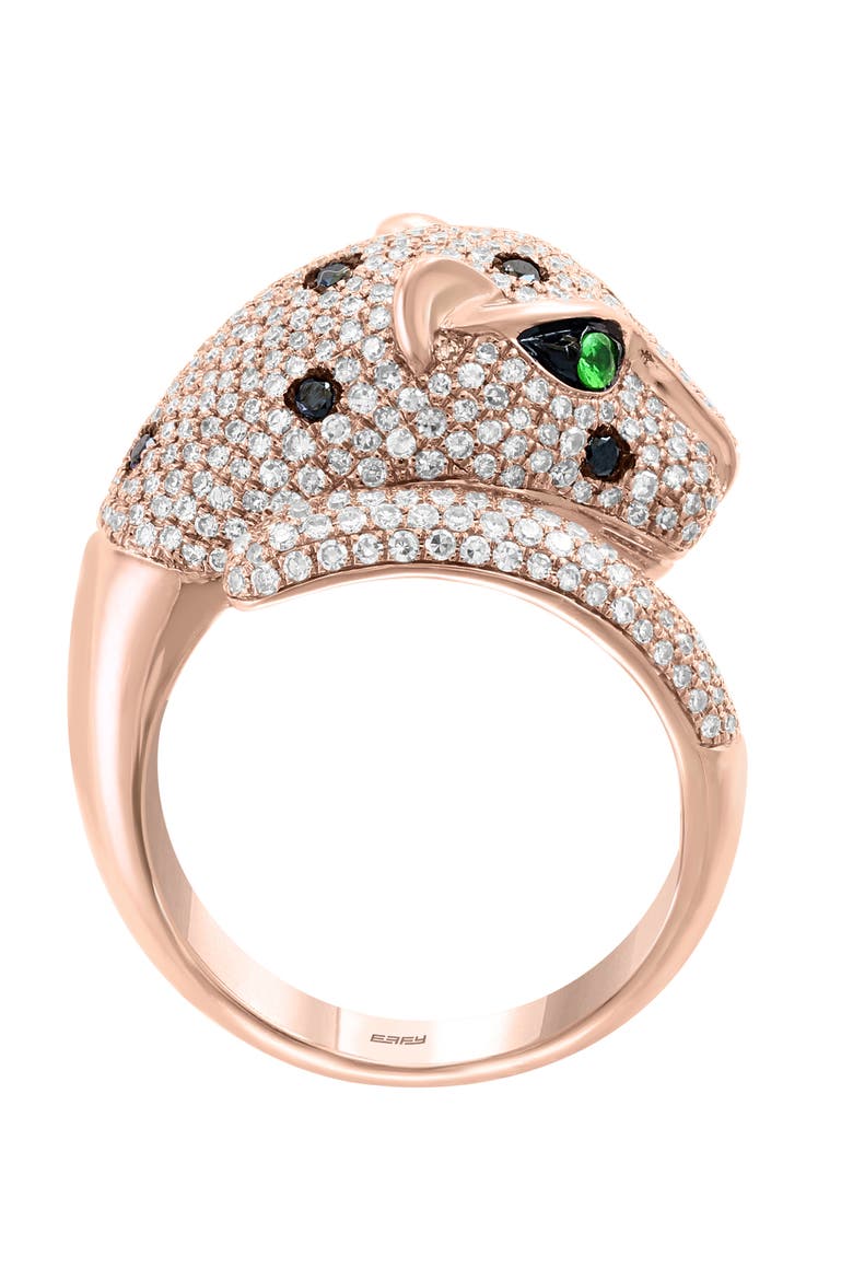 14K Rose Gold Black Diamond & Tsavorite Panther Ring, Alternate, color, 14K Gold