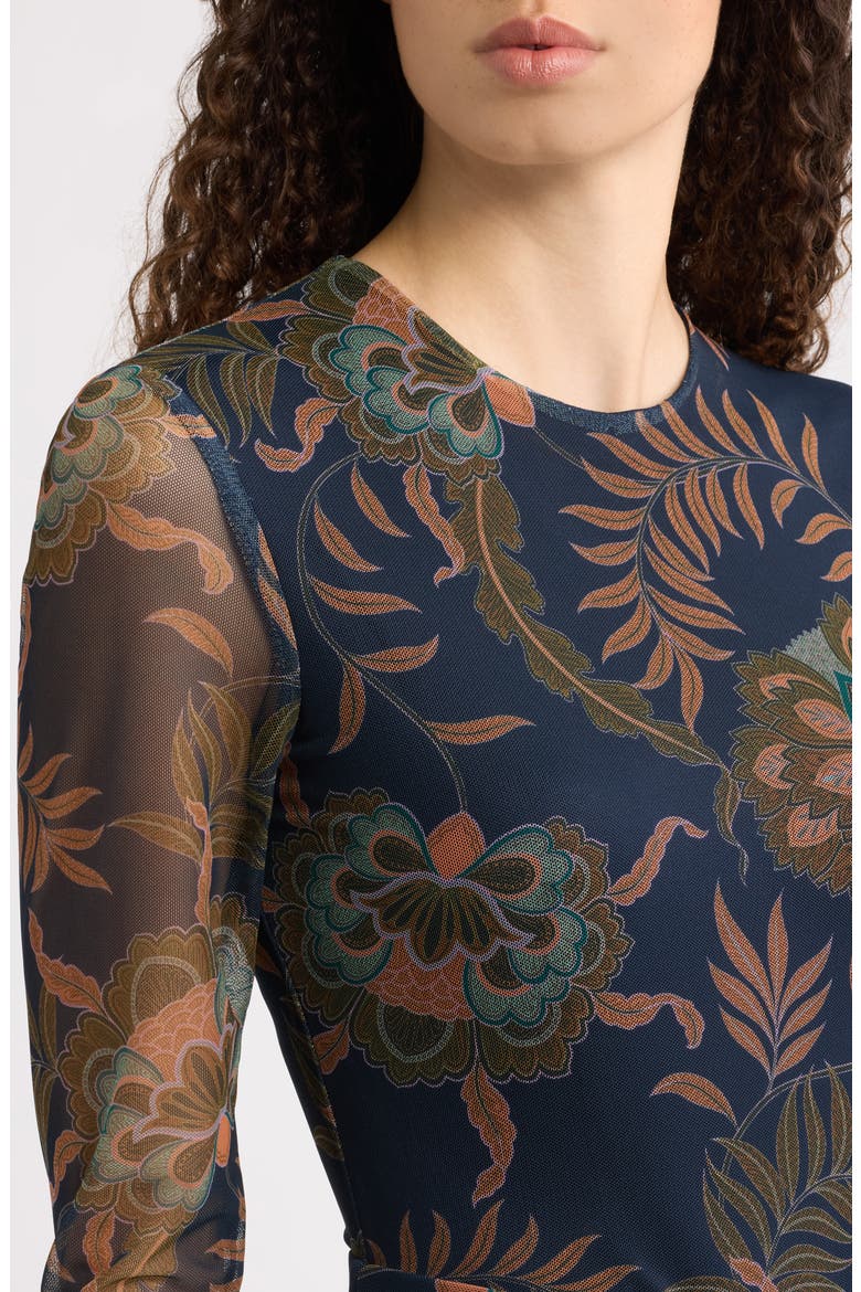 Long Sleeve Floral Print Mesh Maxi Dress, Alternate, color, NAVY MULTI