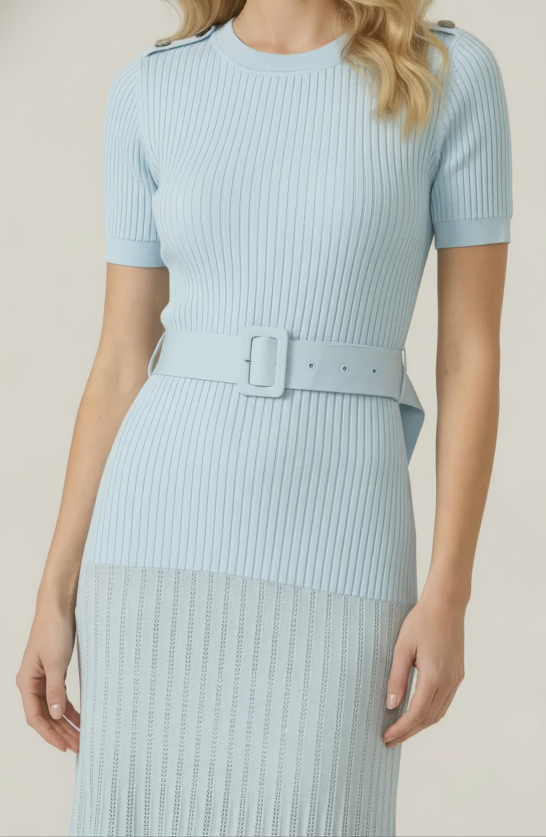 Modenaire Ribbed Knit Belted Waist Pleated Midi Dress, Alternate, color, Pastel Blue
