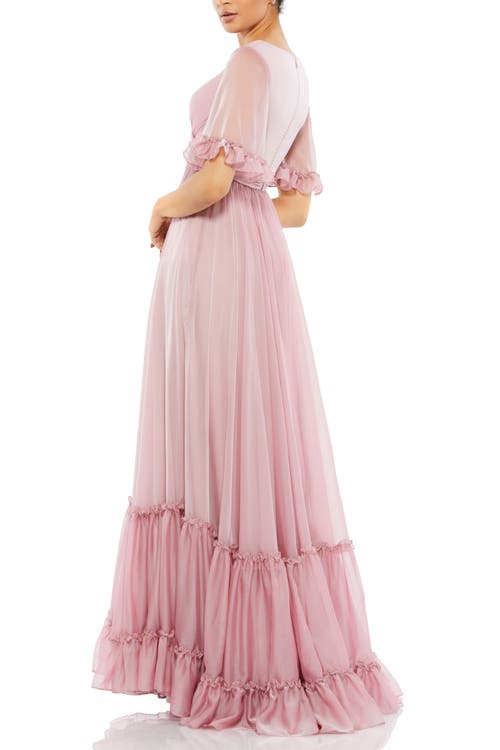 Mac Duggal Romantic Ruffled Butterfly Sleeve Gown With Wrap-over V-neck And Tiered Skirt In Rose