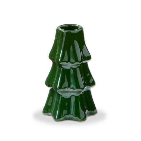 Large Green Ceramic Pine Tree Taper Candle Holder for Christmas