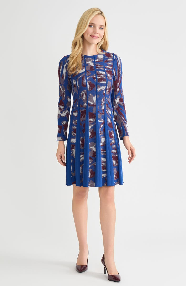 Misook Long Sleeve Jacquard Fit & Flare Dress, Alternate, color, Lazuli Blue/Sangria/Pearl Gry