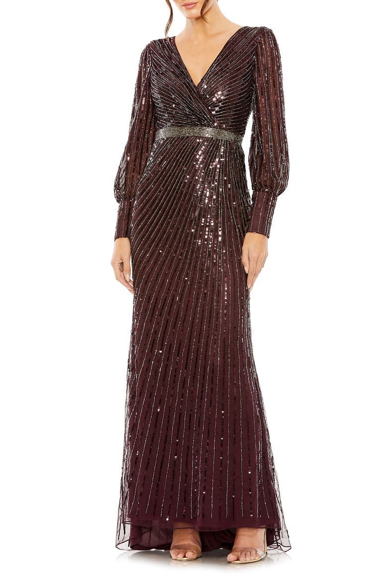 Sequined Wrap Gown with Dramatic Bishop Sleeves, Main, color, BLACKBERRY