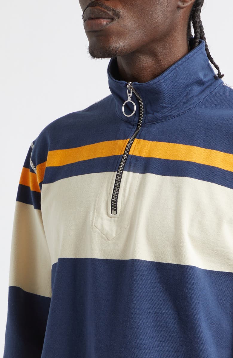 Drake's Stripe Quarter Zip Cotton Rugby Shirt, Alternate, color, Ecru Navy Yellow