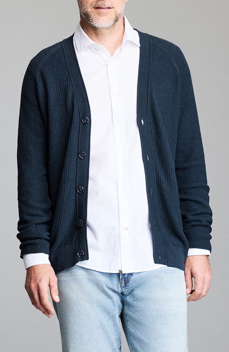 Billy Reid Cotton & Cashmere Mini Waffle Cardigan, Main, color, Carbon Blue