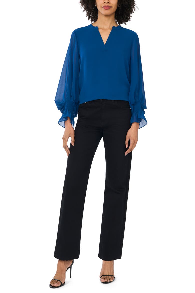 Ruffle Cuff Split Neck Top, Alternate, color, ESTATE BLUE