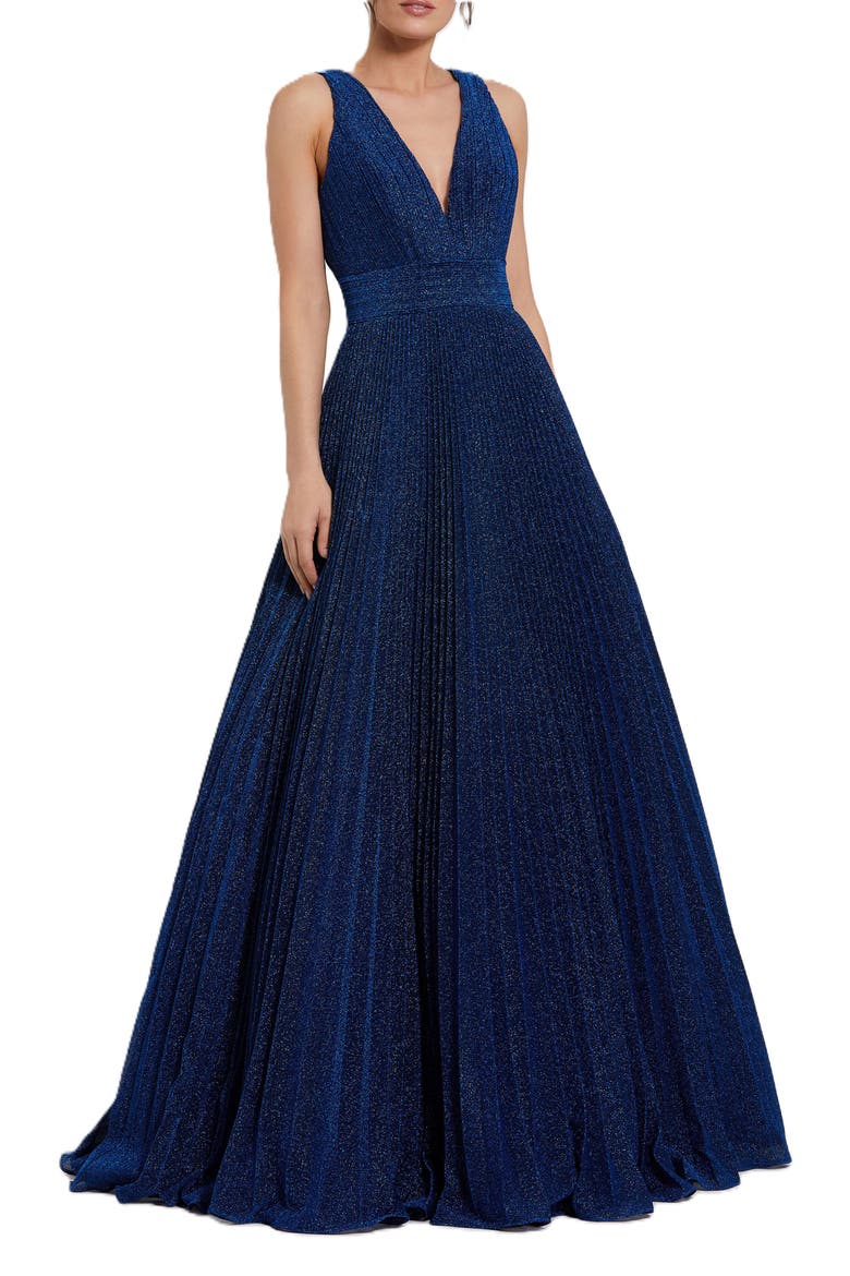 Shimmering Georgette Pleated Sleeveless Gown, Main, color, Royal