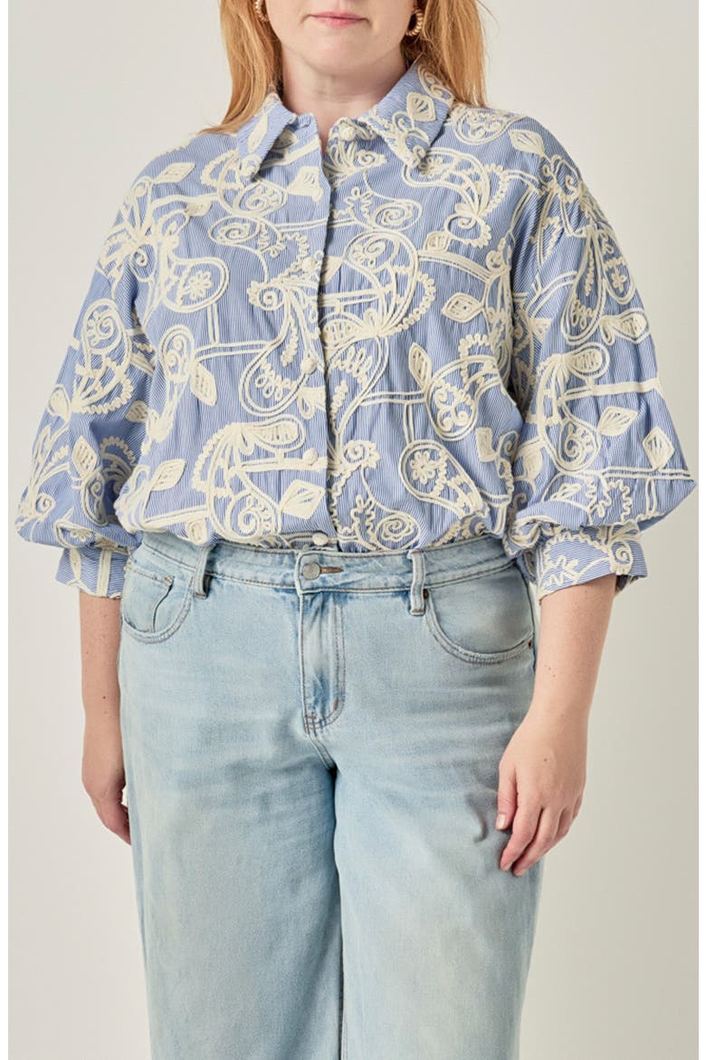 Embroidered Striped Volume Sleeve Shirt, Main, color, BLUE/ CREAM
