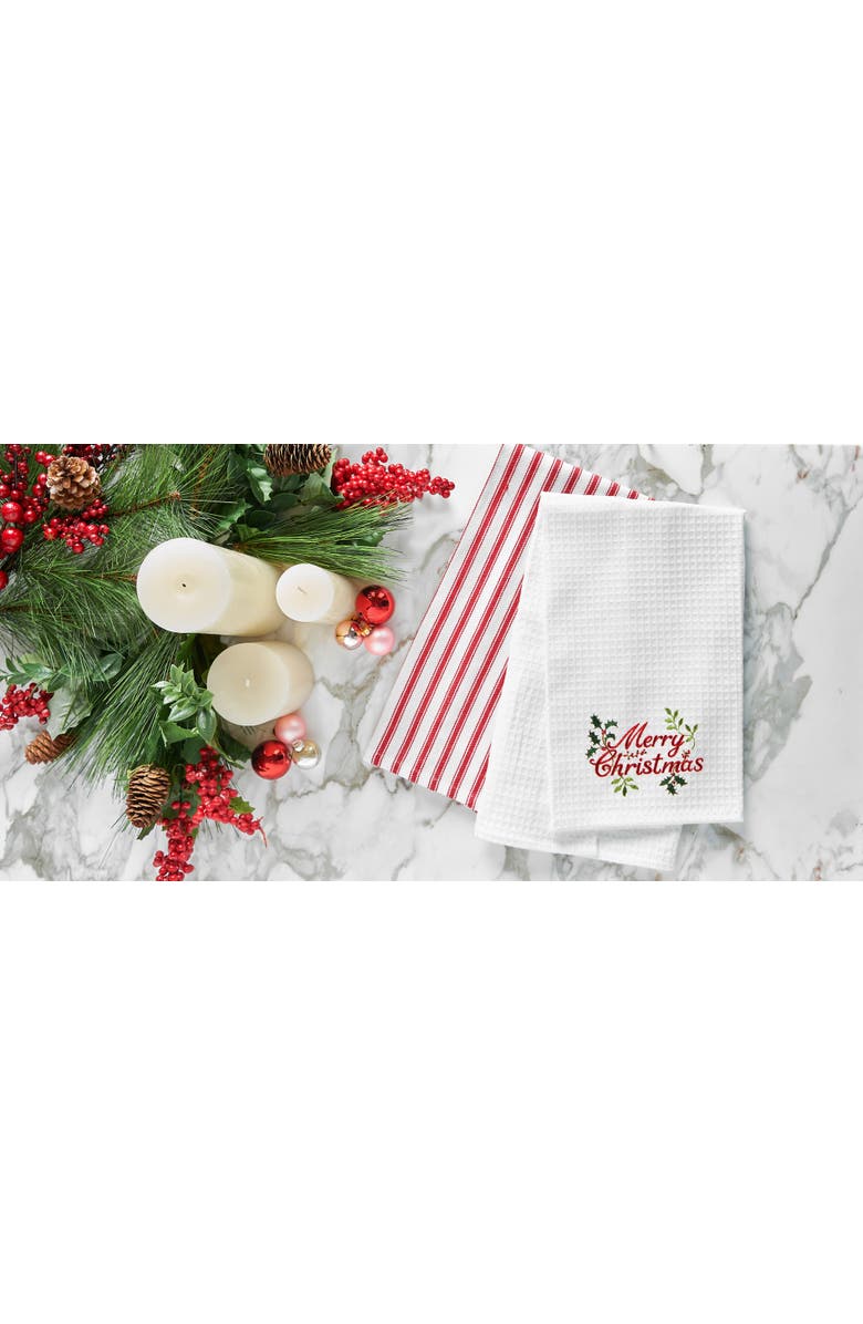C&F Home "Merry Christmas" Holly Branches Embroidered 100% Cotton Waffle Weave Dishtowel, Alternate, color, White