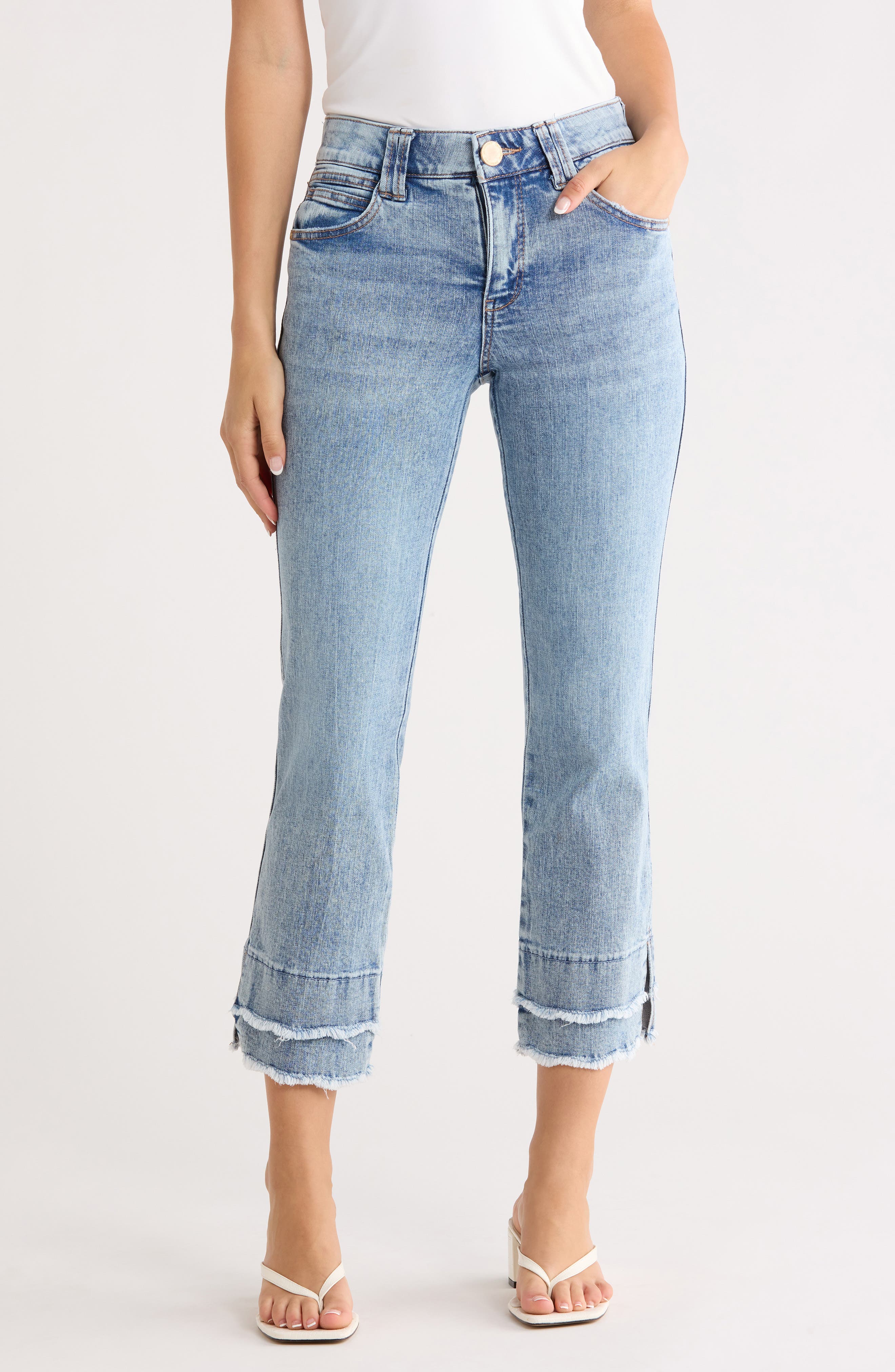 Democracy Scalloped Double Fray Hem Crop Flare Leg Jeans