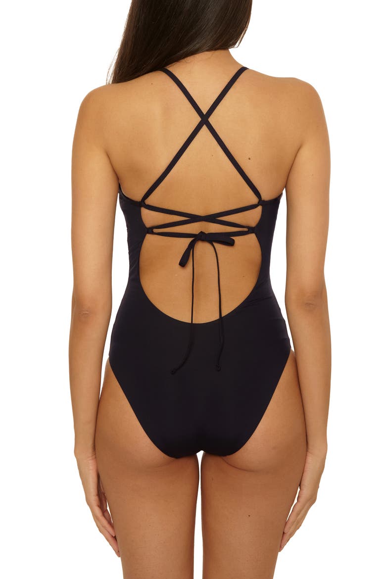 Fiesta Plunge One-Piece Swimsuit, Alternate, color, BLACK