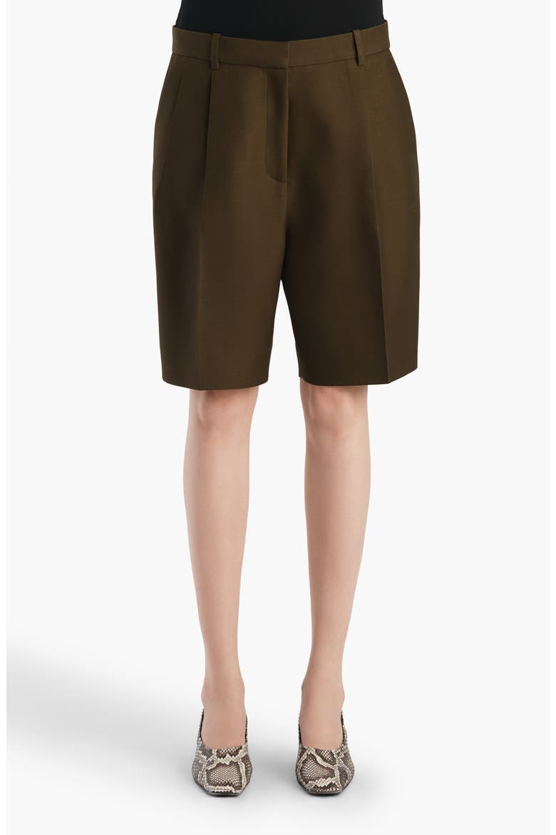 Auggie Pleated Wool & Silk Wide Leg Shorts, Main, color, DARK OLIVE