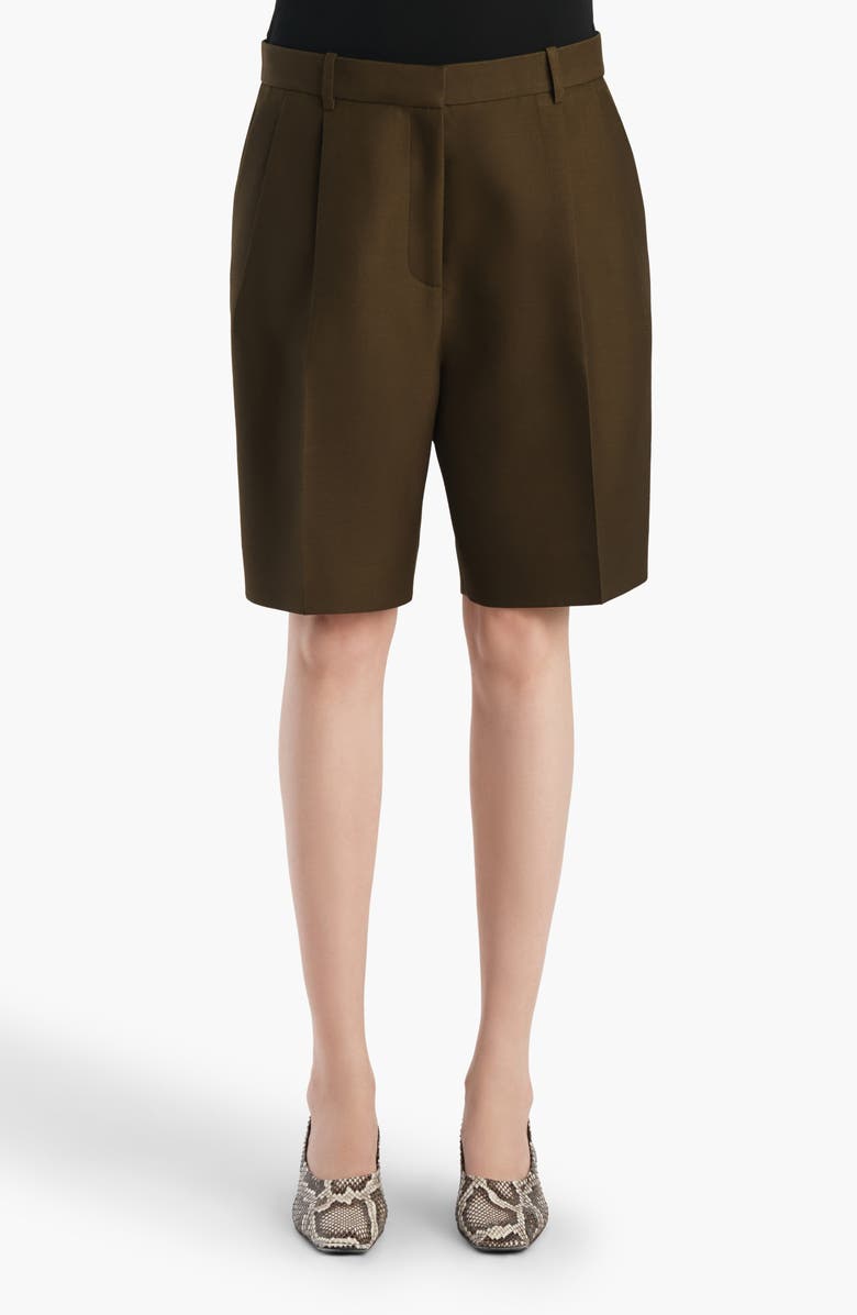 Khaite Auggie Pleated Wool & Silk Wide Leg Shorts, Main, color, Dark Olive