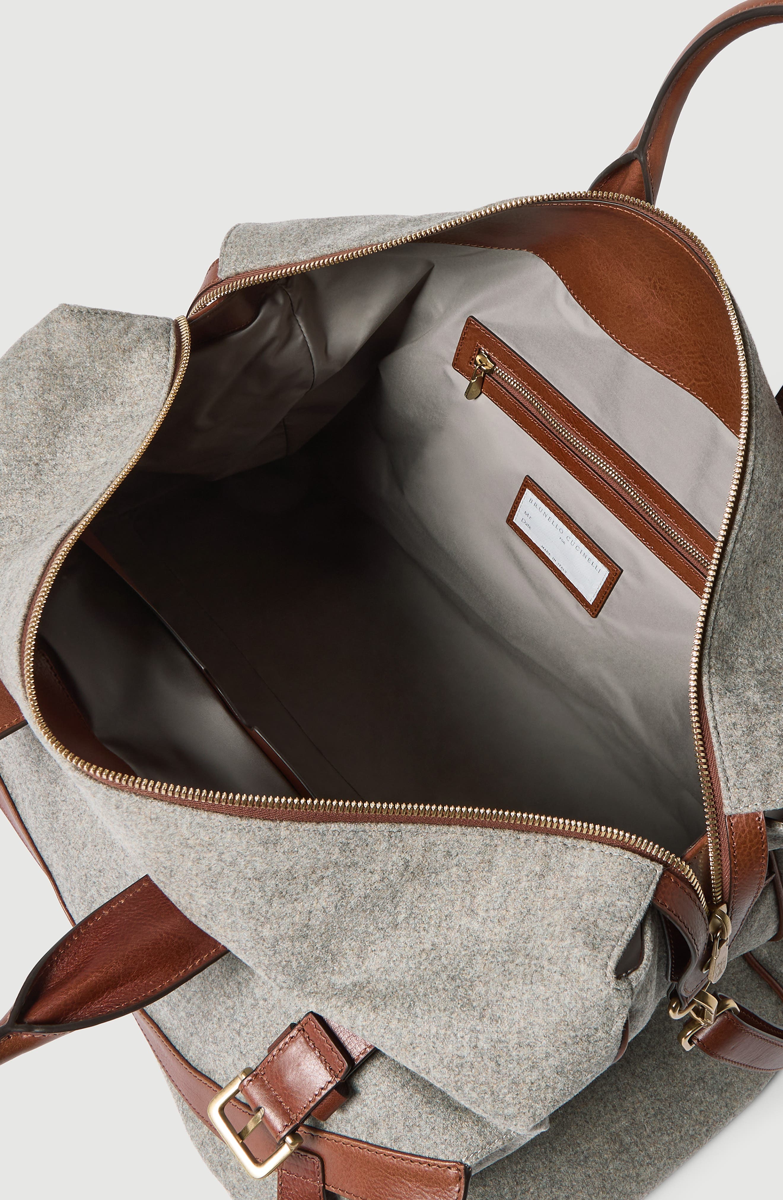Brunello Cucinelli Virgin wool, alpaca and cashmere flannel   field bag with grained calfskin inserts, Alternate, color, Medium Grey