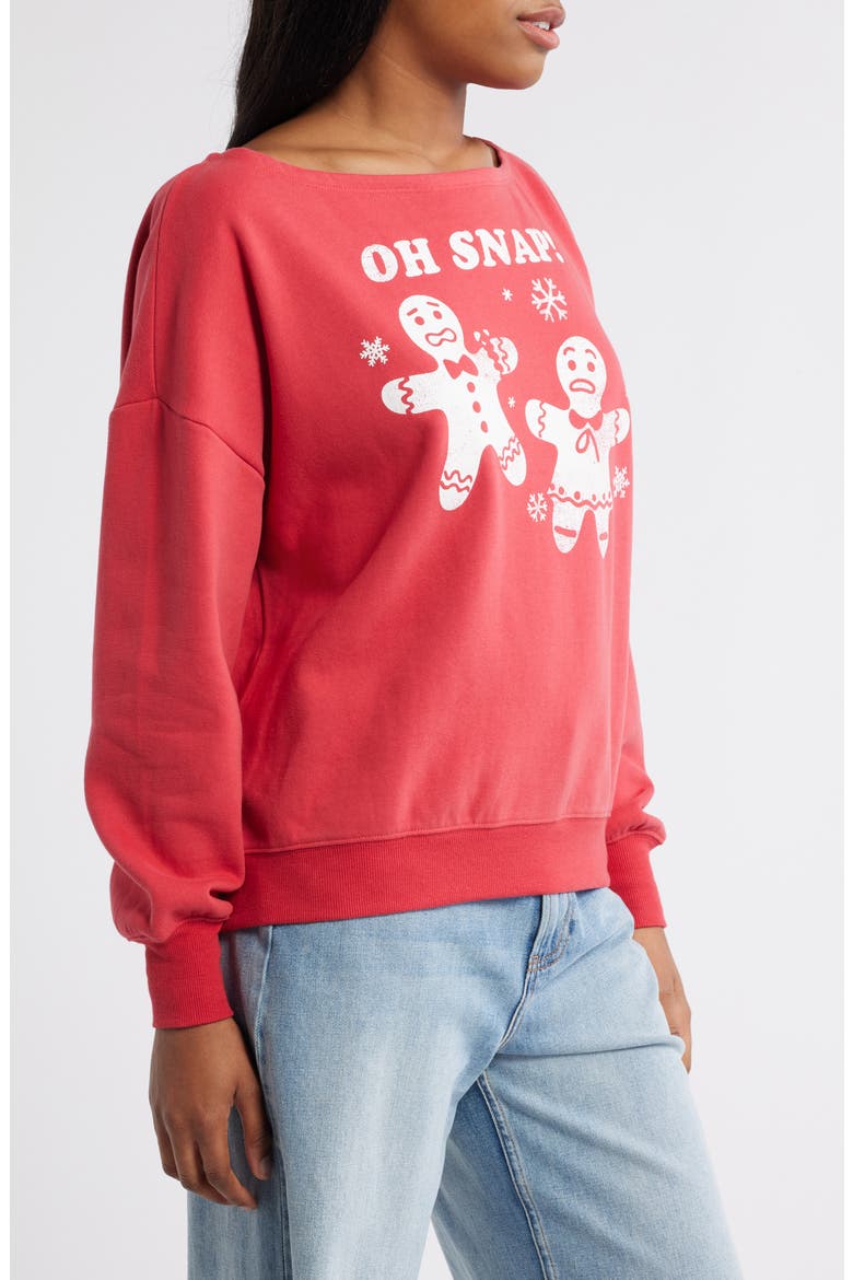 Oh Snap Holiday Off the Shoulder Graphic Fleece Sweatshirt, Alternate, color, RED