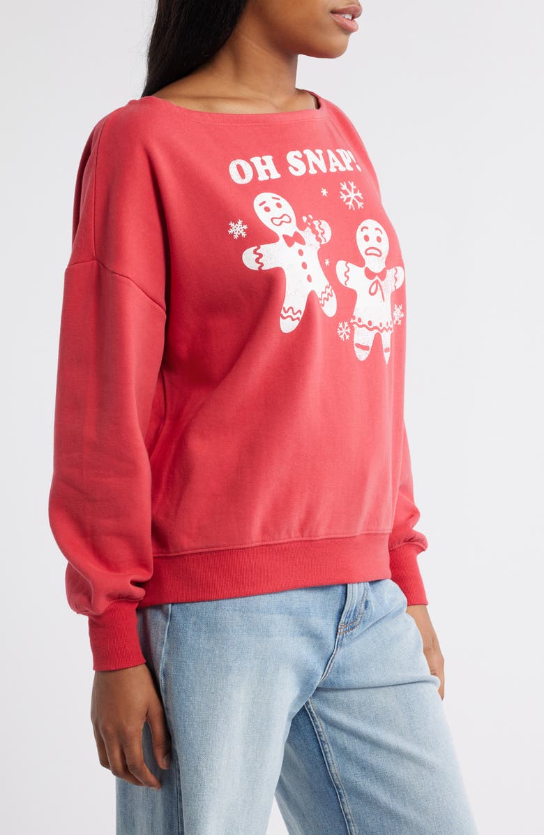 Vinyl Icons Oh Snap Holiday Off the Shoulder Graphic Fleece Sweatshirt, Alternate, color, Red
