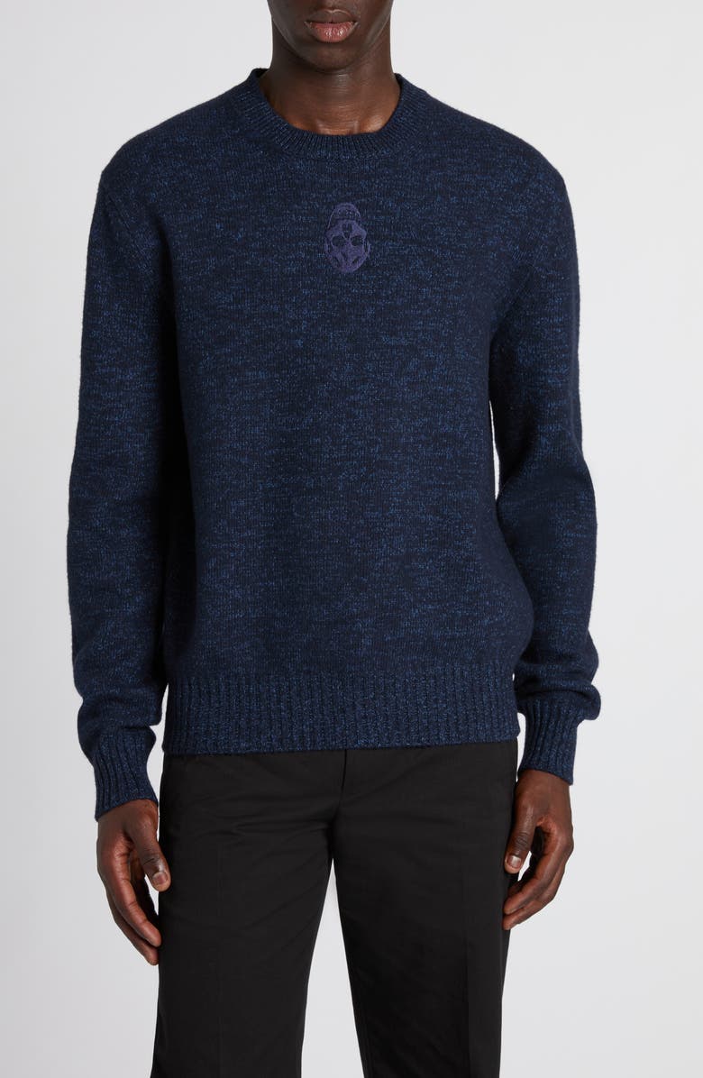 McQueen Skull Embroidered Wool Blend Mouliné Crewneck Sweater, Main, color, 