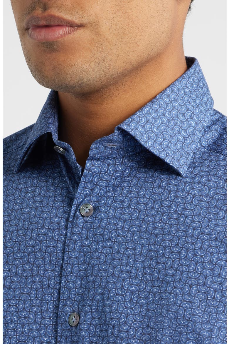 Geo Print Stretch Cotton Button-Up Shirt, Alternate, color, NAVY