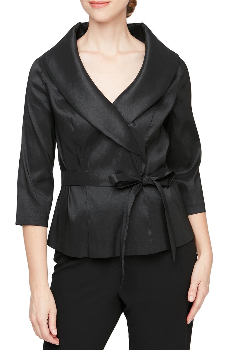 Alex Evenings Tie Waist Brushed Satin Top, Main, color, Black