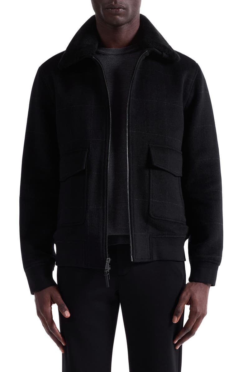 Bugatchi Wool Blend Bomber Jacket with Detachable Genuine Shearling Collar, Main, color, Black