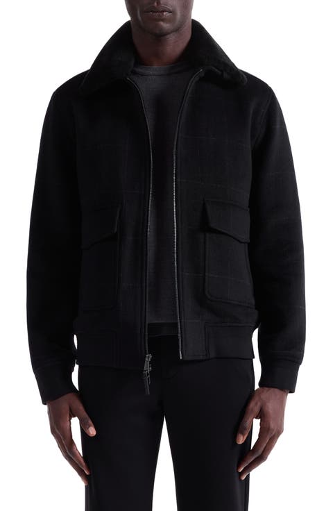 Wool Blend Bomber Jacket with Detachable Genuine Shearling Collar