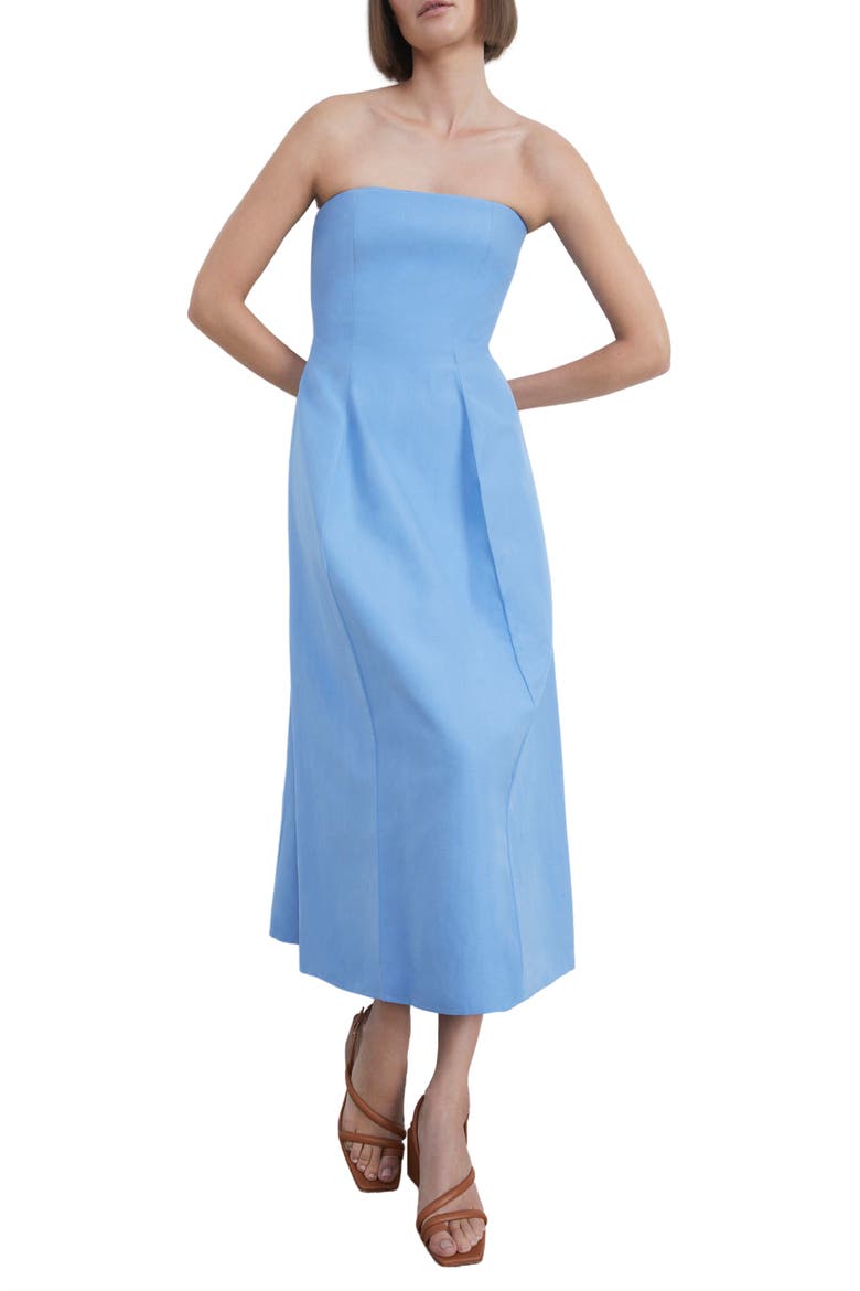 Pleated Silk & Linen Strapless Dress, Main, color, COOL BLUE