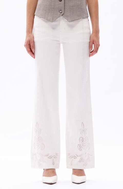 Embroidered Mid Rise Straight Leg Jeans