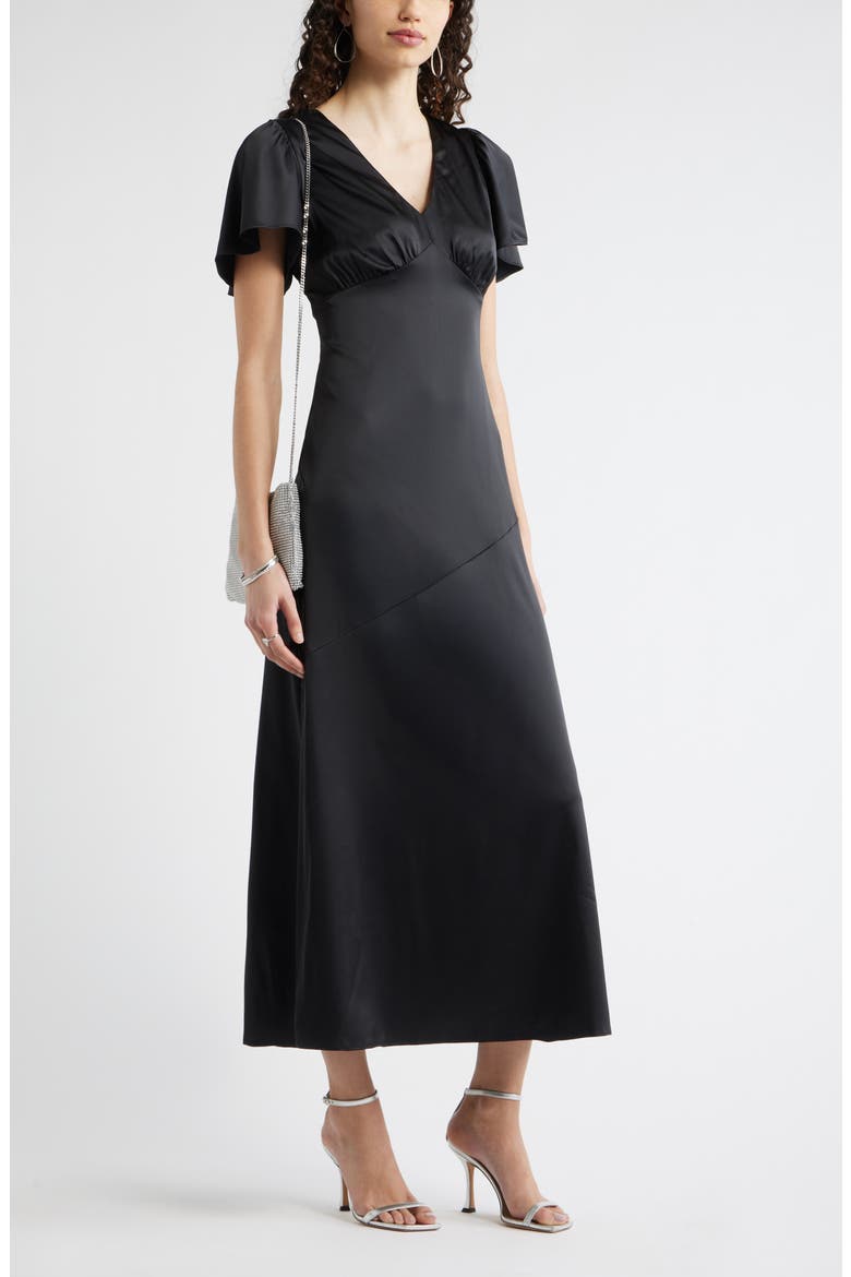 Flutter Sleeve Satin Maxi Dress, Alternate, color, BLACK